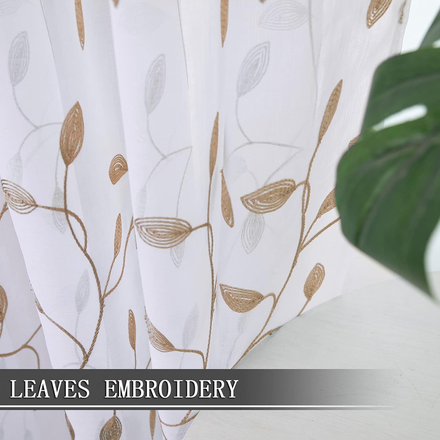 Sunyuer Leaves Short Sheer Curtains Taupe Leaf Embroidery Curtain Rod Pocket Voile Faux Linen Embroidered Leaves Curtains for Bedroom Living Room, 52W X 84L inch, Set of 2 Panels, Taupe