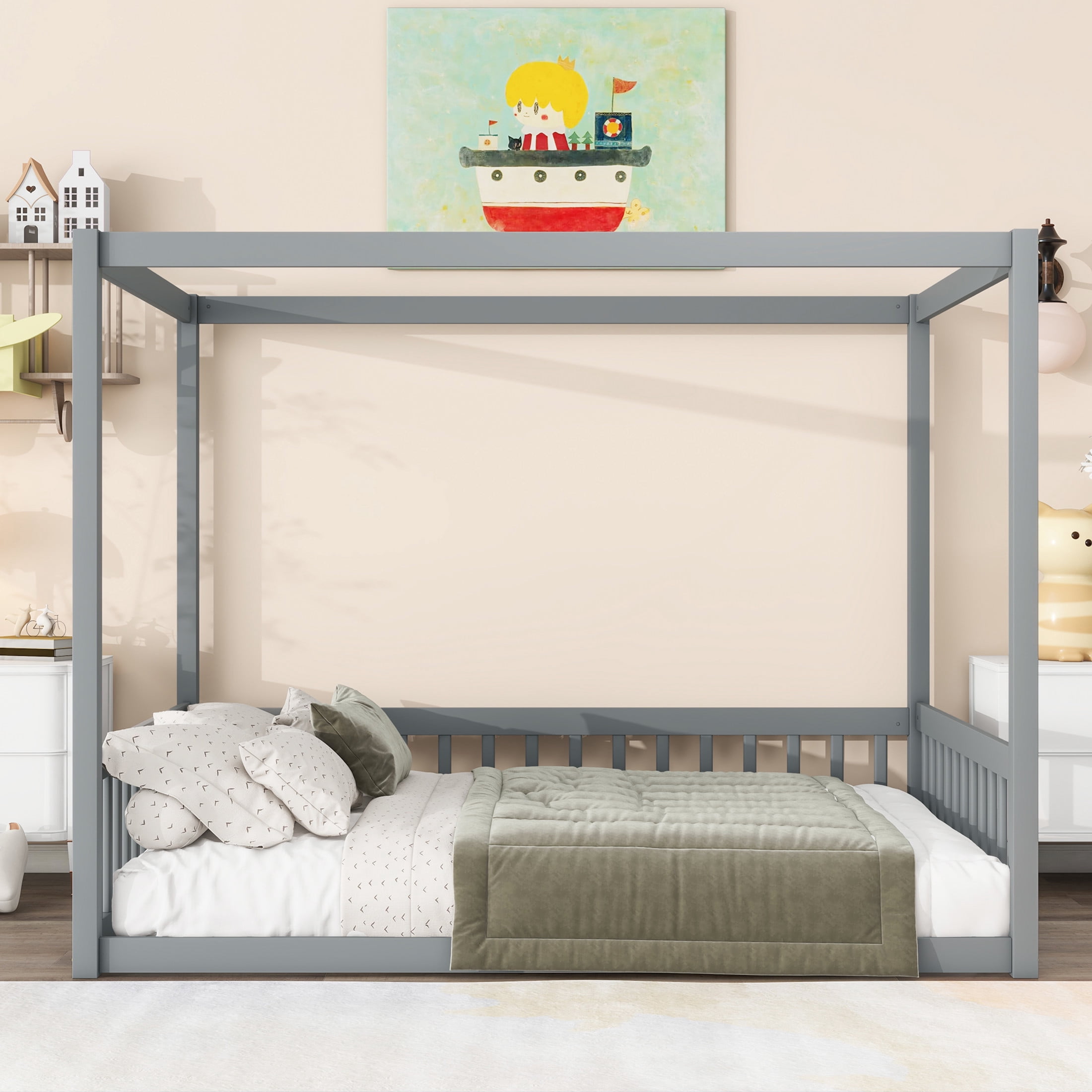 Noble House Dorris Full Canopy Floor Bed with Fence Guardrails, Solid Rubber Wood Montessori Bed, Kid's Room, Gray
