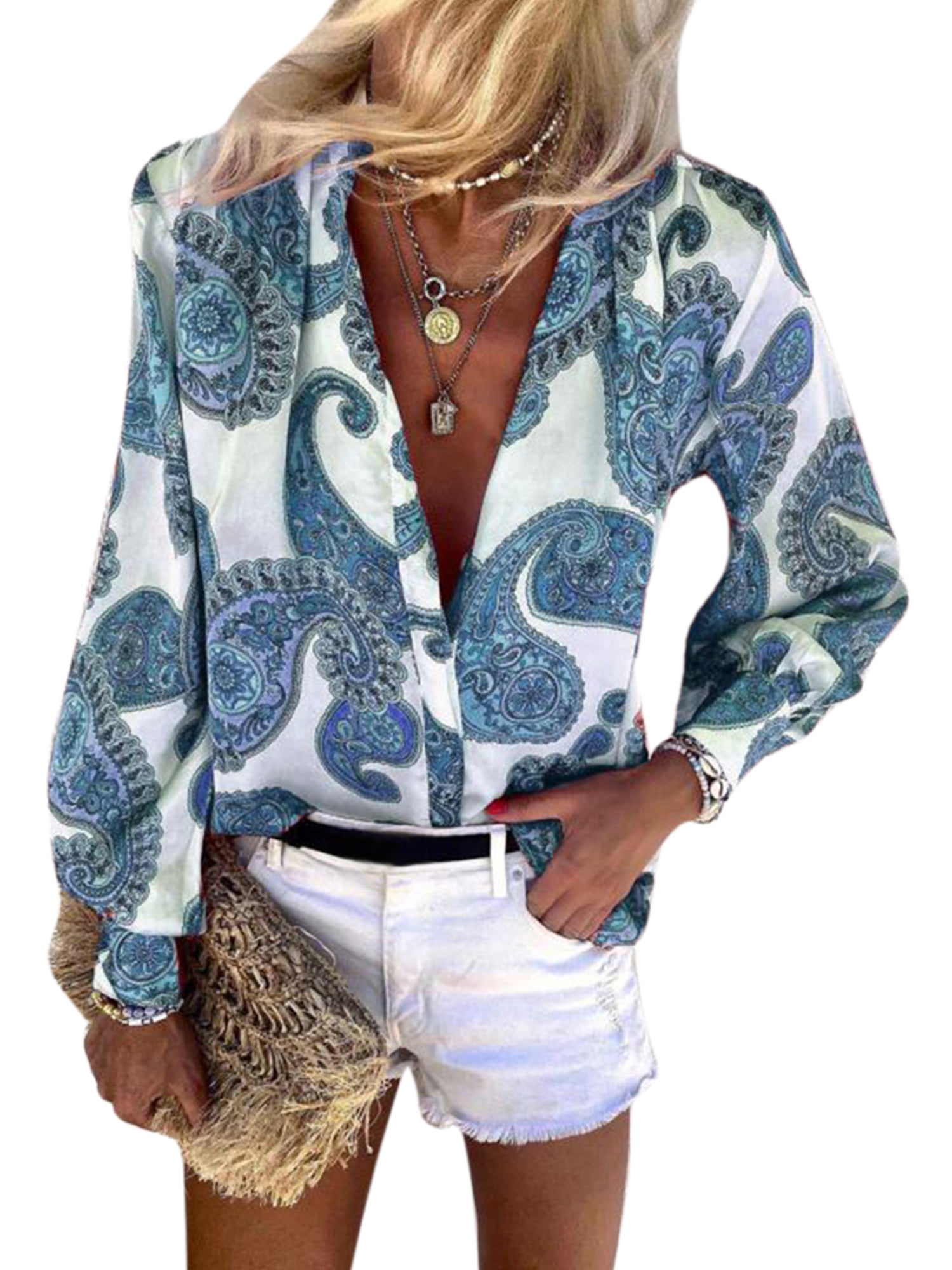 Plus Size Women Summer Casual Shirt Long Sleeve Floral Print Button ...