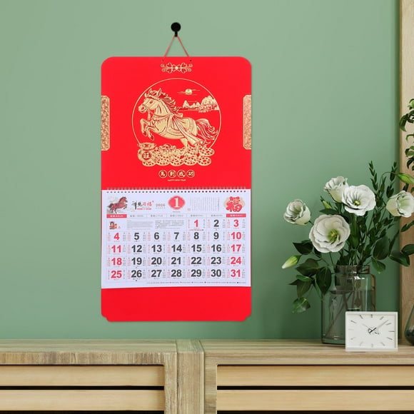 COMPUKAS Chinese Zodiac Horse Calendar 2026 Red Monthly Planner with Sturdy Paper and Clear Date Markings