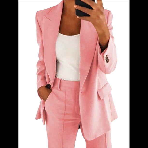 Conjuntos de 2 Piezas para Mujer, Grandes, Estilo Informal de Negocios, Larga, Solapa, Pantalón Recto, Trajes. Rosa XL