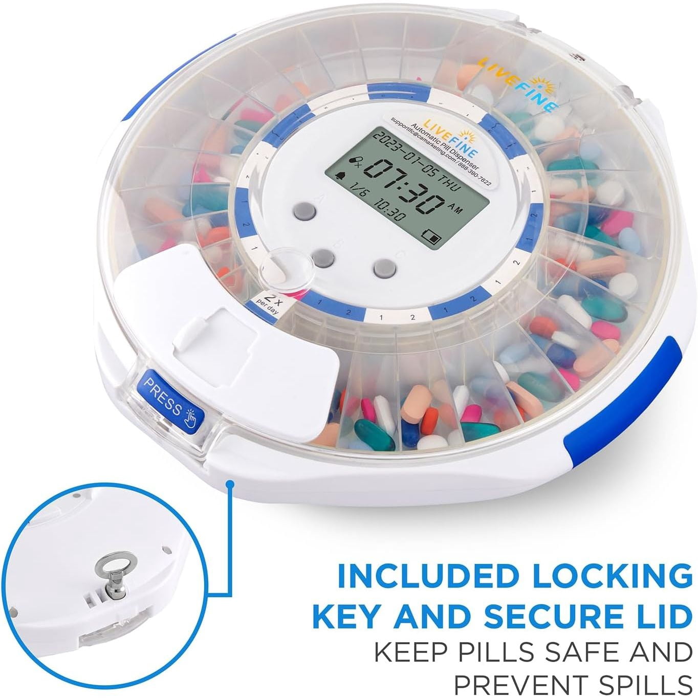 LiveFine Automatic Pill Dispenser 28-Day Organizer with 6 Dosage Rings LCD Alerts Key & Magnifier