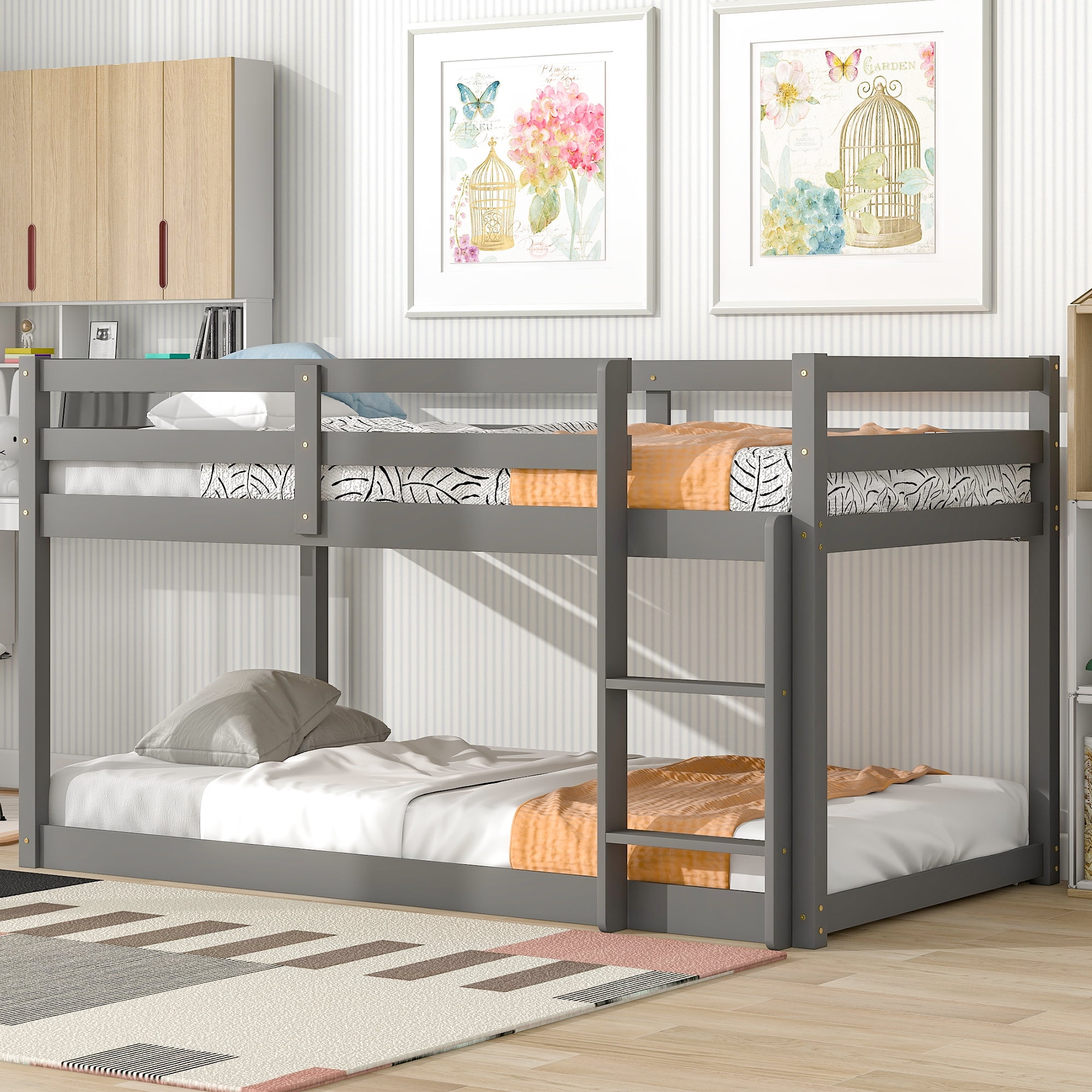 PORKISS Bunk Beds for Kids, Twin over Twin Floor Bunk Bed with Safety Rail and Ladder, Solid Wood Low Bunk Bed Frame for Boys Girls, No Box Spring Needed, Gray