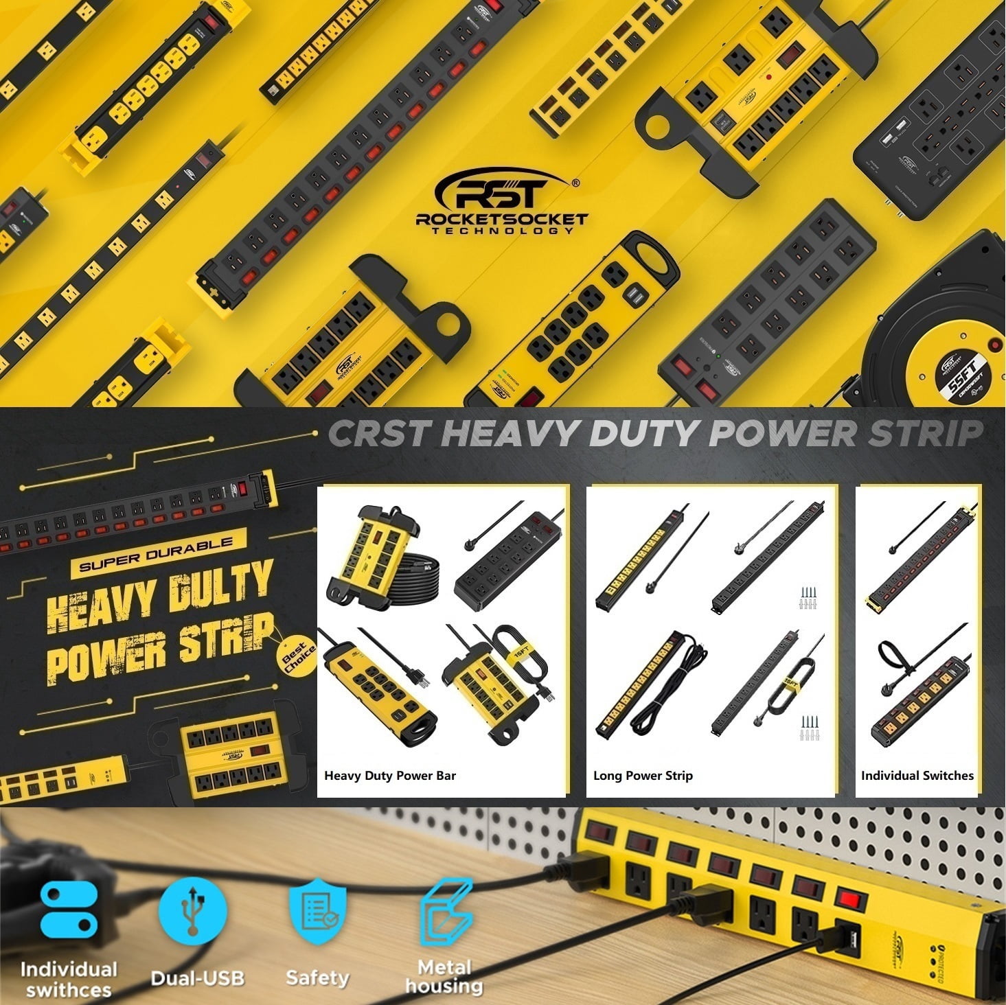 CRST Surge Protector Power Strip Individual Switches 6 Outlets with Dual USB (3.4A), Flat Plug 6FT 14AWG/3C Heavy Duty Extension Power Cord, 1200J