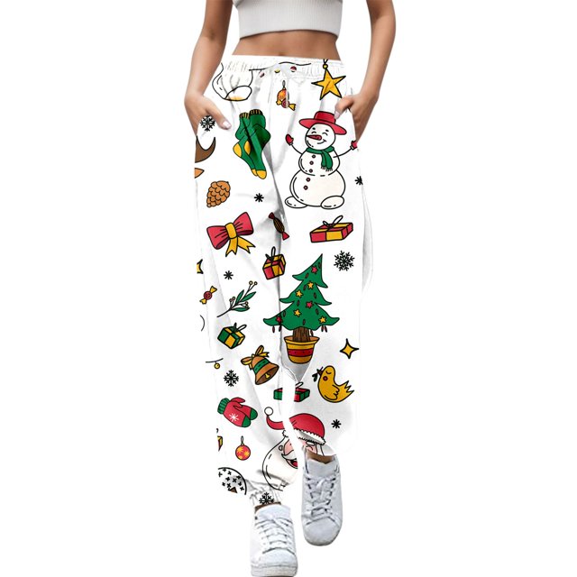 Gibobby pantalones negros mujer Mujer Otoño e Invierno Casual moda Navidad divertido impreso cintura elástica pantalones deportivos pantalones casuales (Plateado, L)