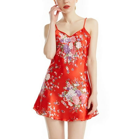 

Lumento Women Nightdress V Neck Nightgowns Sleeveless Sleepwear Sling Nightwear Pajamas Floral Red 2XL