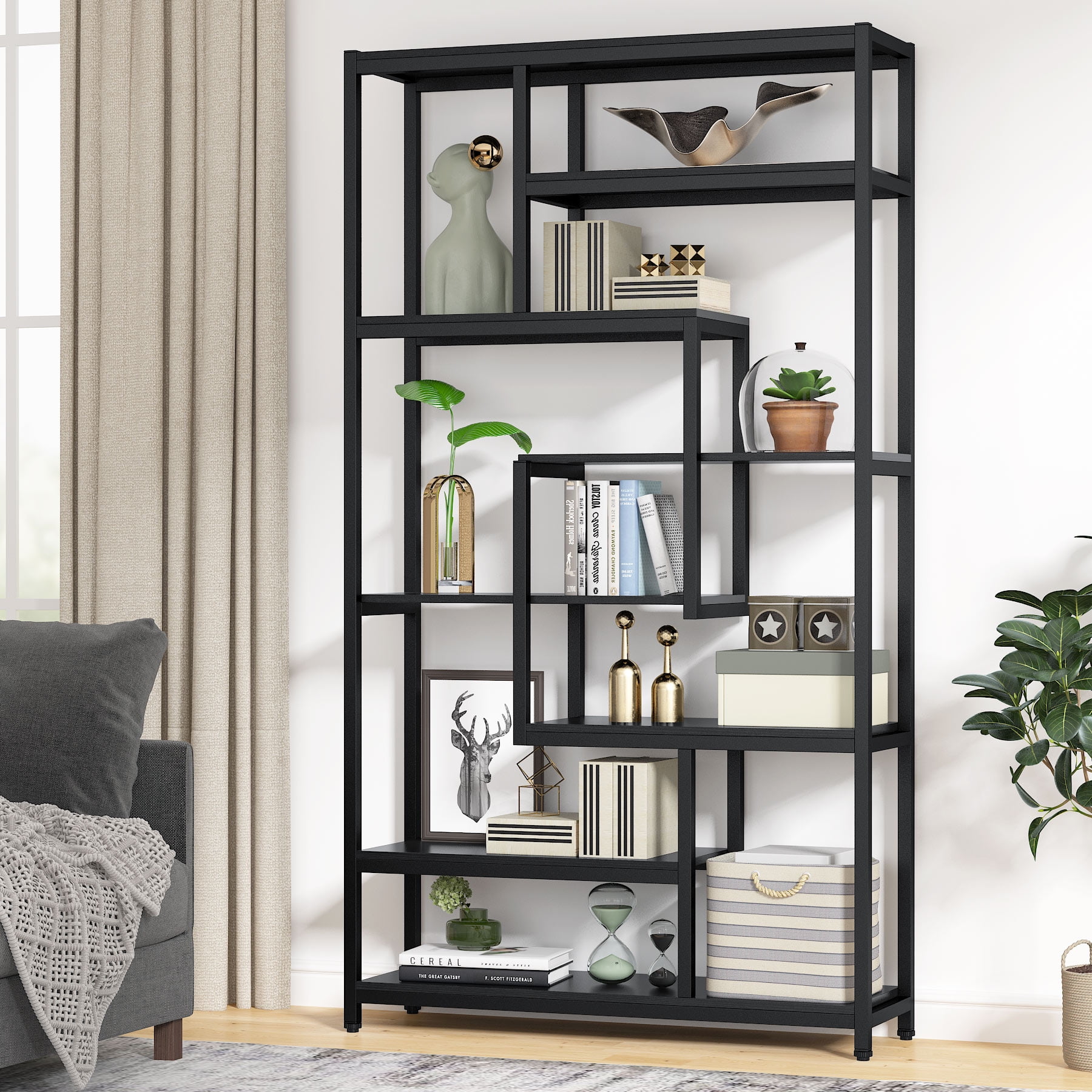 Gr8 Home Wooden Modern Open Shelving Unit Tall Bookcase Black Room Divider Storage Rack Display Organiser 