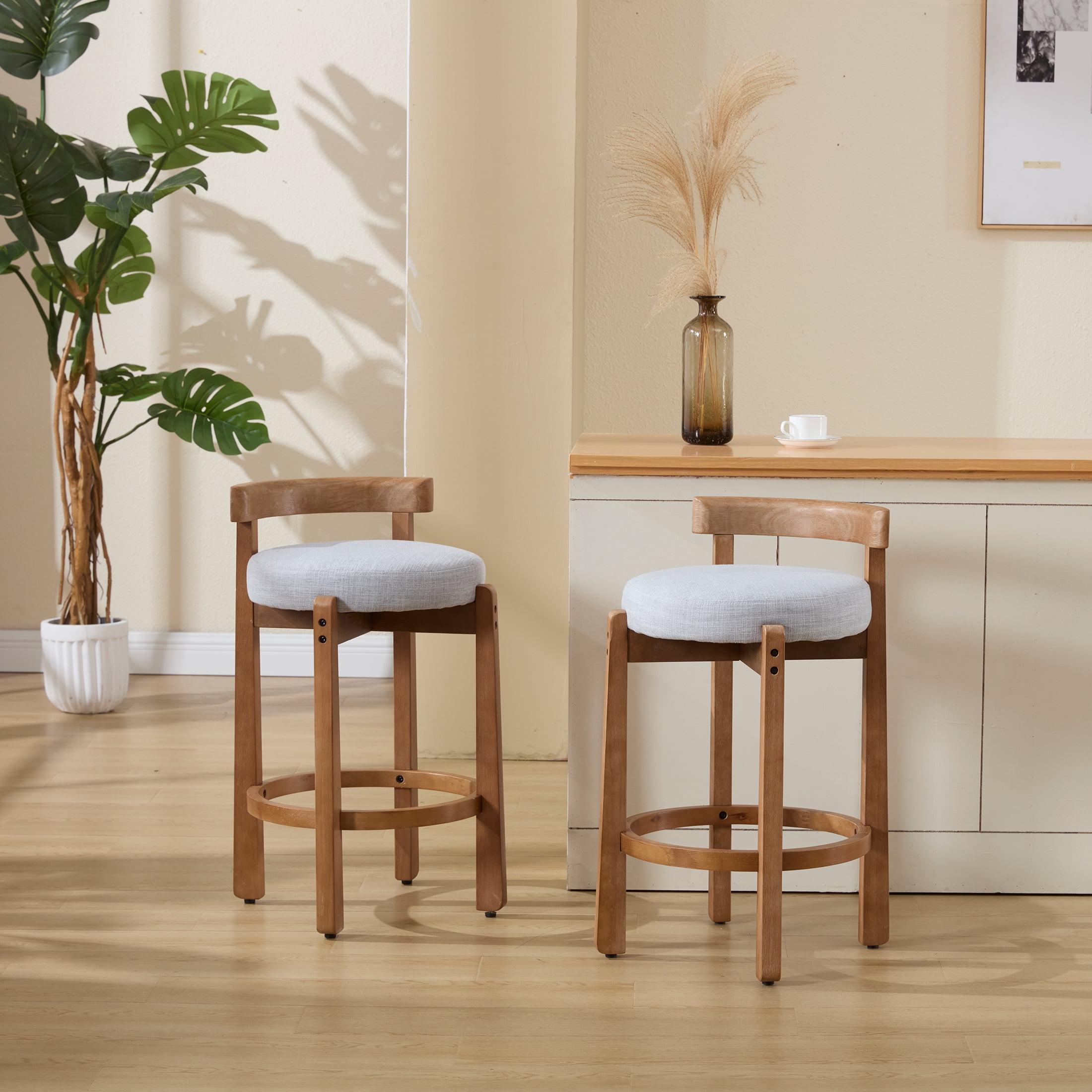 Guyou Counter Height Stools Set of 2, Mid Century Modern 27" Armless Island Bar Stools with Curved Back and Wooden Frame, Round Kitchen Stools with Footrest for Restaurant Bar Kitchen Island, Grey