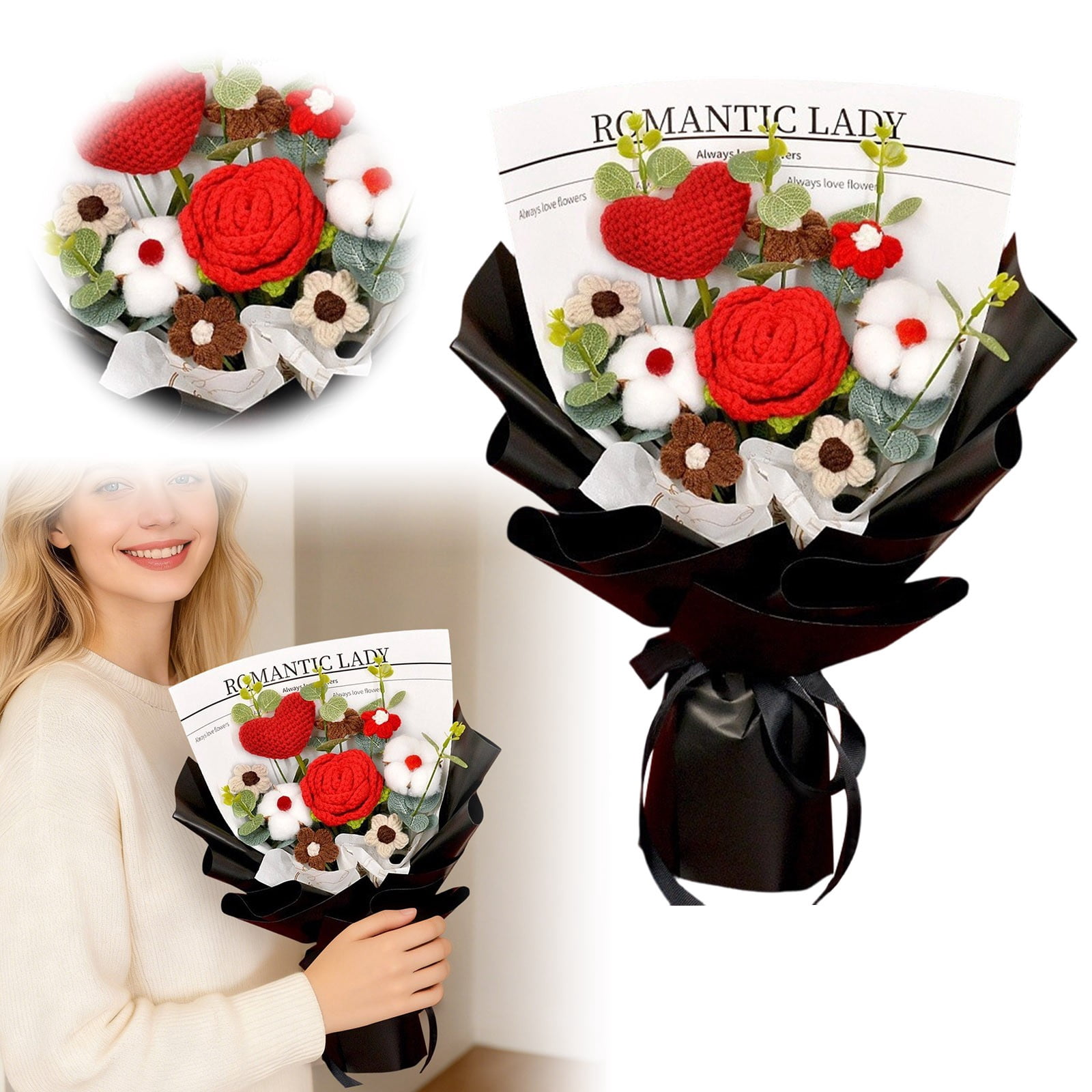 Knitted Flower Bouquet Handmade Tulip Rose Daisy Crochet Flowers, Gift for Mother's Day Graduation Birthday Teacher Appreciation Home Decor Artificial Bouquet