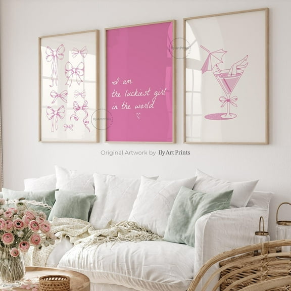 Luvia Trendy Pink Bows Gallery Set Of 3, Girly Dorm Room Decor, Coquette Room Decor, College Apartment Decor, Preppy, Modern Wall Decor Set 3 Prints 8x12 UNFRAMED
