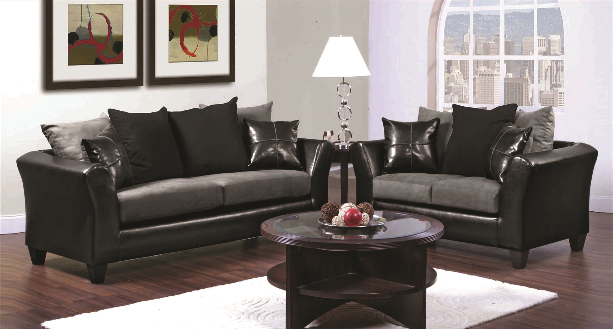 Gray And Black Microfiber / PU Cushion Sofa And Loveseat