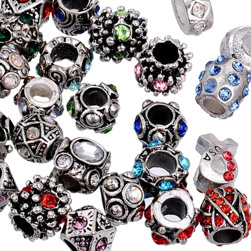 200Pcs Mix Assorted Crystal Silver Color Metal Charm Beads Jewelry Making