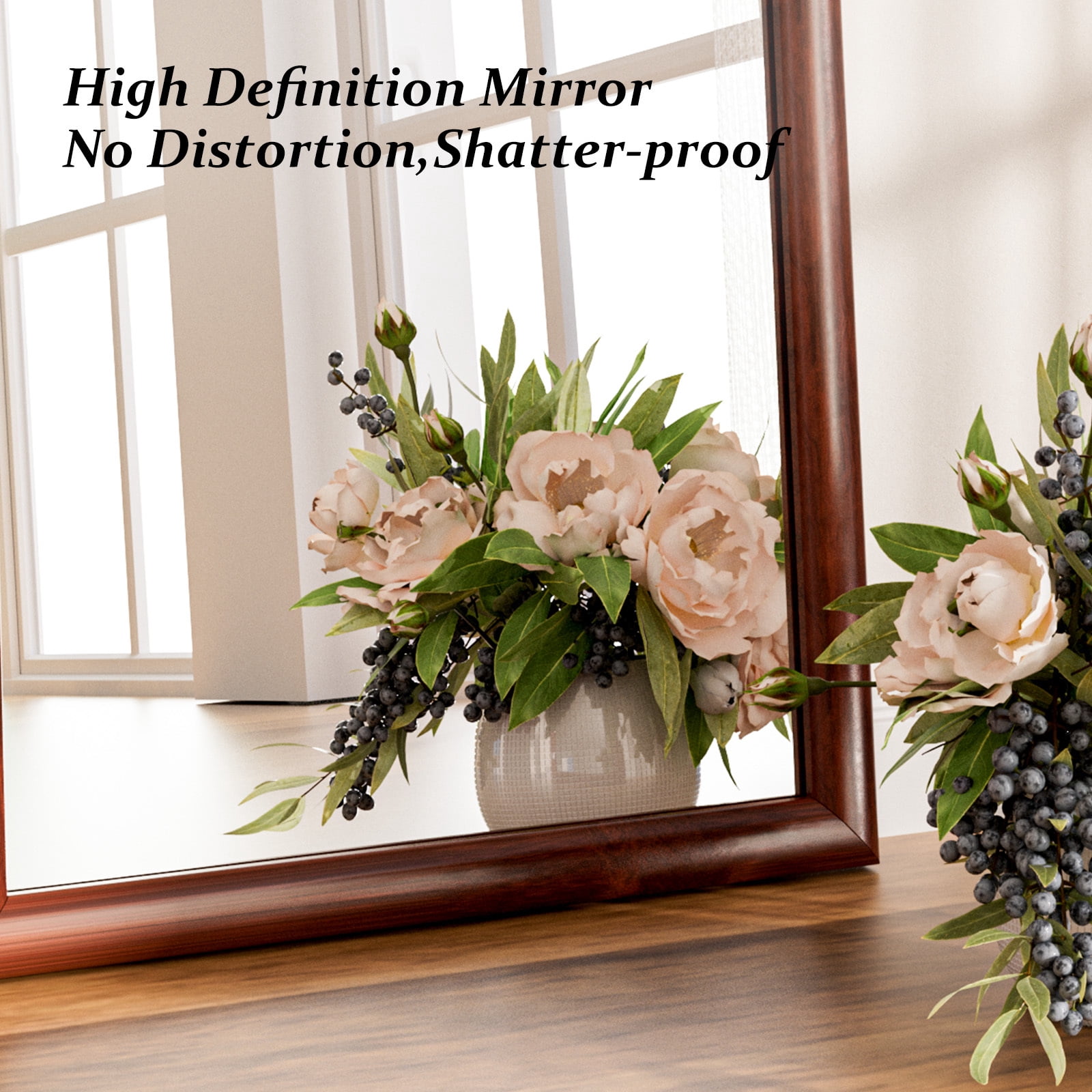 Easy4Home 36" x 24" Arched Bathroom Mirror Wall Decor with Wooden Frame, Walnut