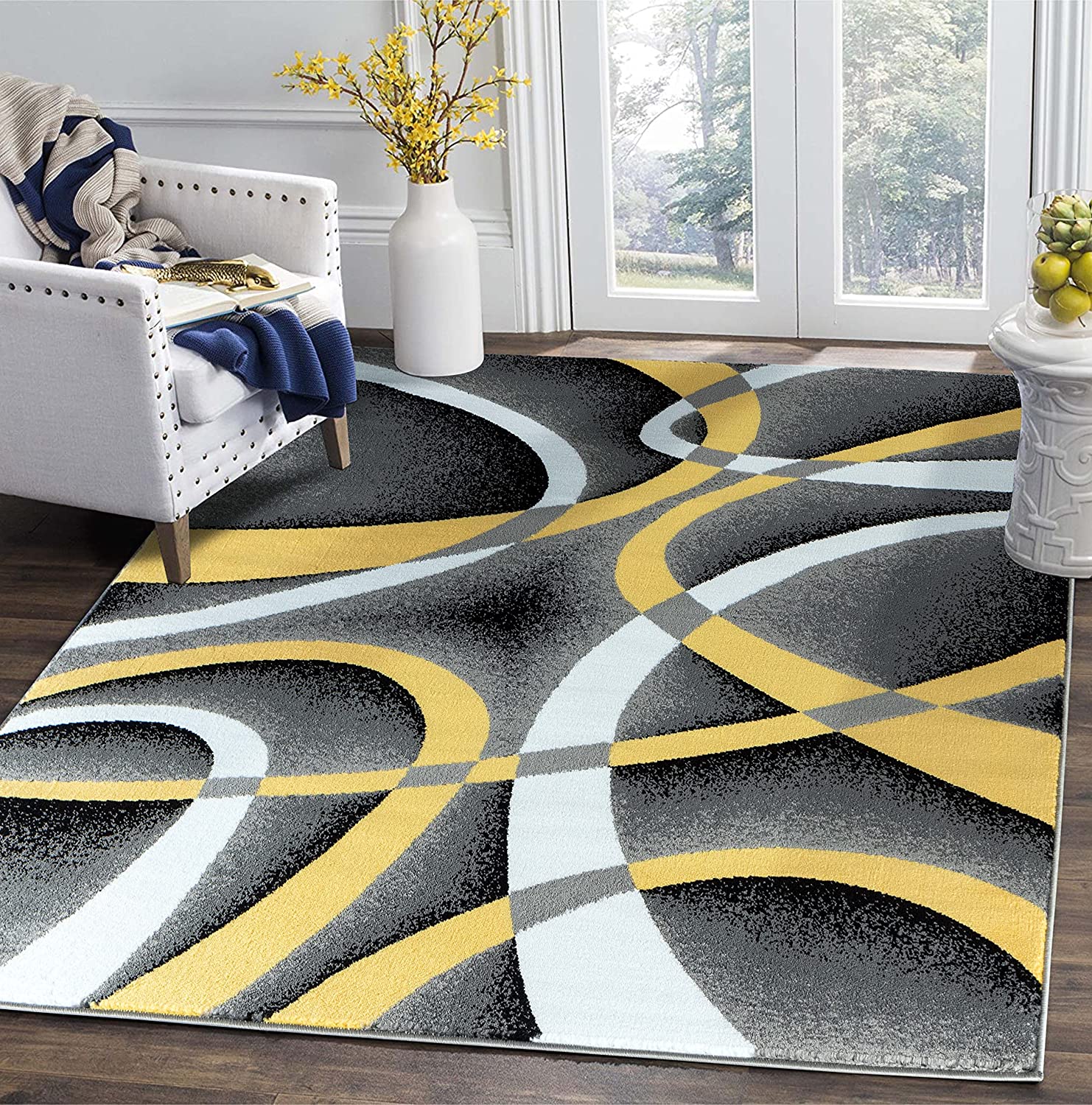 YAAN Area Rug 5x7 Yellow Door Mat Modern Swirls Carpet Bedroom Living