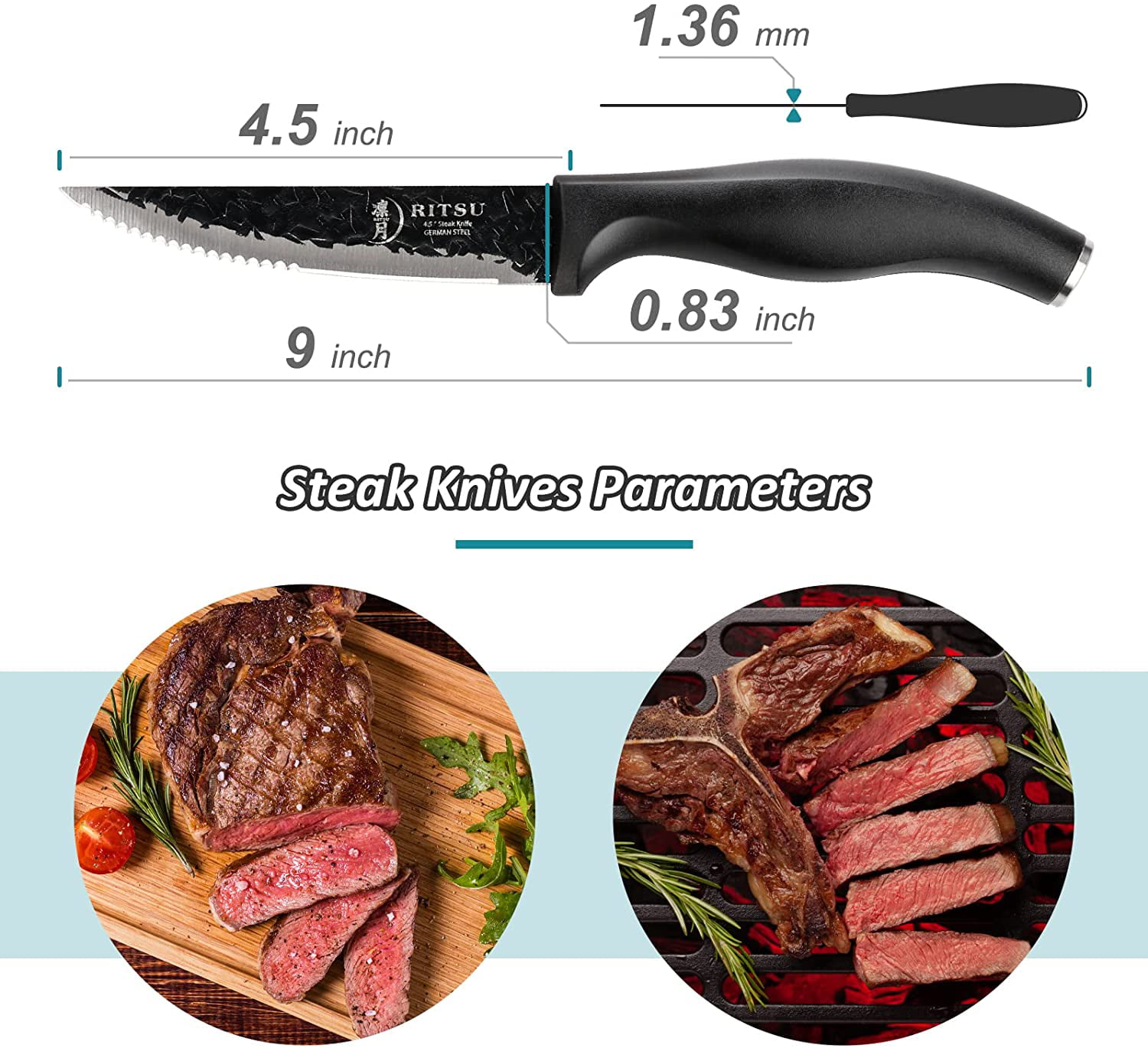 Steak Knife Set, RITSU 4.5" Steak Knives Set of Premium German Steel Steak Knives with Non-stick Coating, Ultra Sharp Serrated Knife, Ergonomic Handle Design, Suitable Home & -