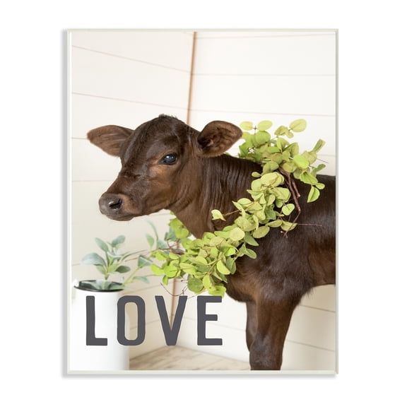 The Stupell Home Decor Farmhouse Love Baby Cow with Garland Wreath Photograph Wall Plaque Art