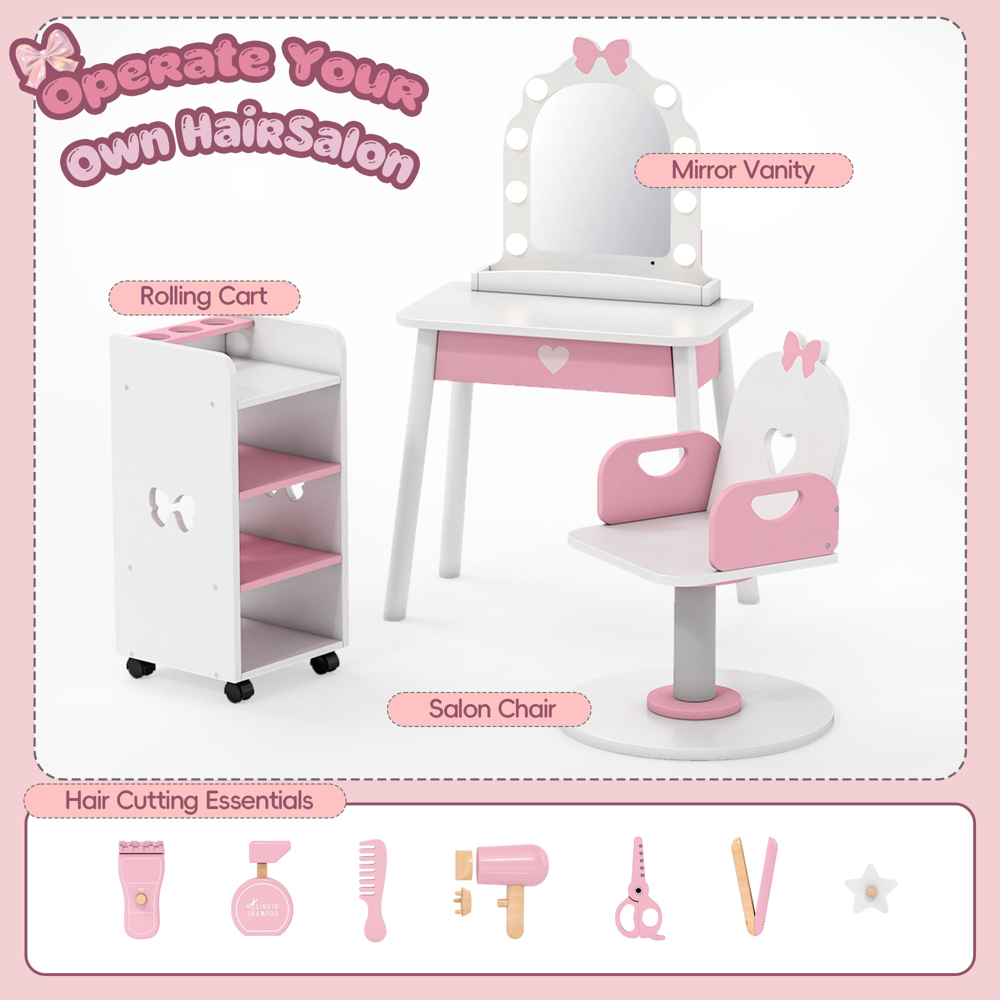 Reasea Kids Vanity Set with Light & Barber Chair, Pretend Play Makeup Dressing Table with Storage Shelf, 7 Pcs Hair Salon Accessories