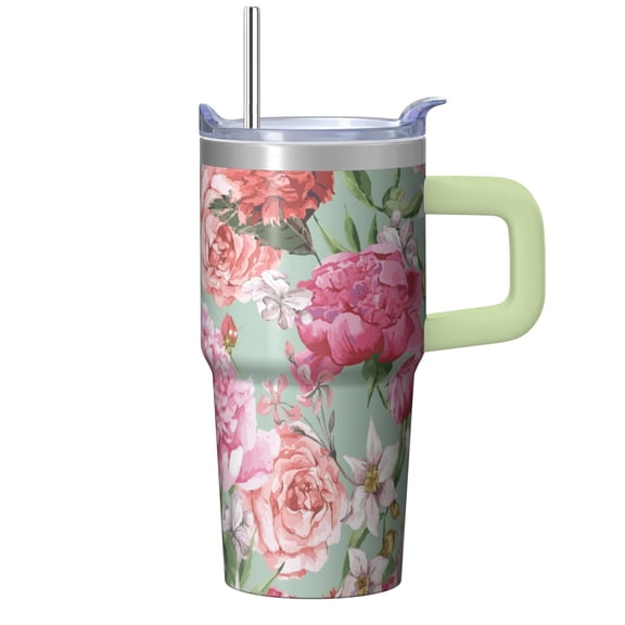 20oz Insulated Floral Tumbler with Handle, Stainless Steel Travel Mug for Hot Drinks and Iced Beverages, Leak-Proof Lid, Gift for Women