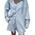 thumbnail image 3 of Women's Long Sleeve Button Down Cotton Sets Shirts Short 2 Piece Set Shirt Outfit for Summer Vacation Blue S, 3 of 9