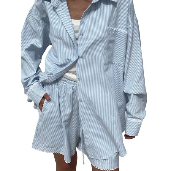 Women'S Cotton Summer 2 Piece Sets Long Sleeve Button Down Shirts Short Sets Vacation Outfits Blue S