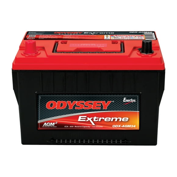 Odyssey Battery Battery ODX-AGM34 Extreme Series; 34 Group Size; 12 Volt; 850 Cold Cranking Amps/1500 Pulse Hot Cranking Amps; Tin-Plated Brass SAE Top Automotive Terminals; 10.9 Inch Length