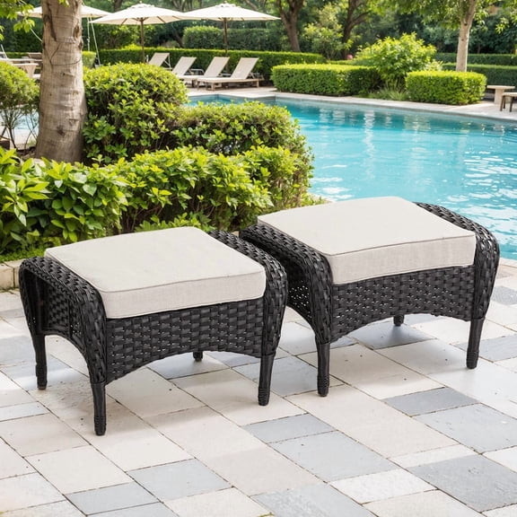 Unnifurnzi Patio Ottoman Set of 2-All Weather Wicker Outdoor Footstool with Removable Cushions Outdoor Olefin Fabric Outdoor Foot Rest for Deck Porch Balcony Garden-Brown/Blue