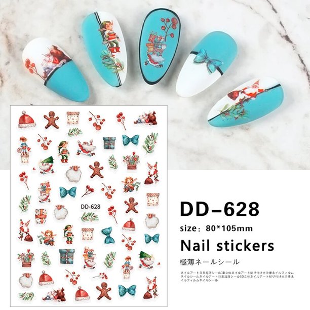 Calcomanía 3D de Navidad para uñas, calcomanía con diseño de copo de nieve, pingüino, alce, dibujos animados, Papá Noel, pájaro, Año Nuevo, decoración deslizante, F892