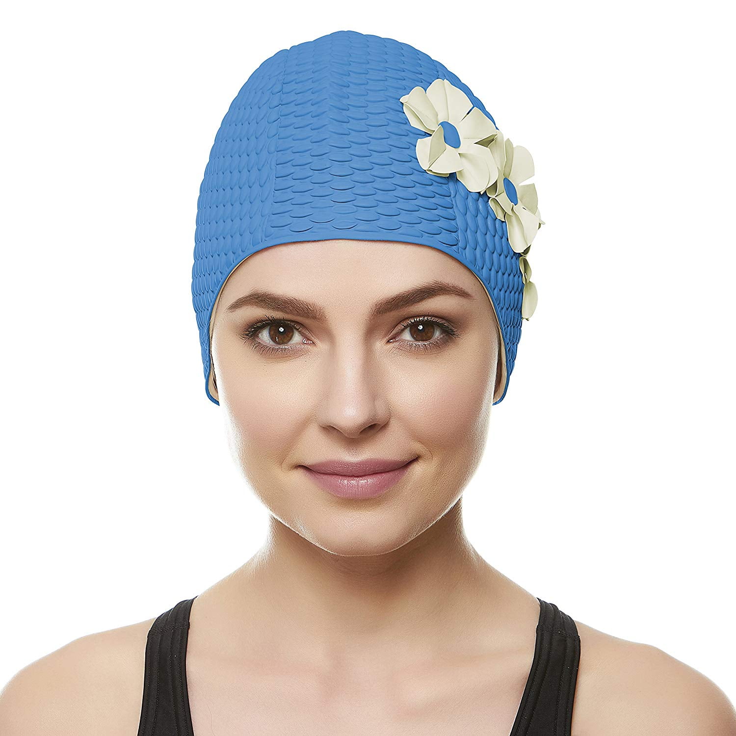 Beemo Swim Bathing Caps for Women & Girls - Retro Style Latex Bubble Crepe Swimming Hat with Tripple Flowers for Long/Short Hair