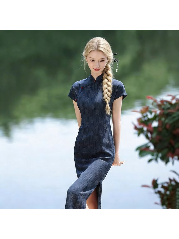 Women's Navy Blue Long Cheongsam Dress - Elegant New Chinese Style Short Sleeve Floral Vintage Qipao for Young Girls, Sizes S to XXL