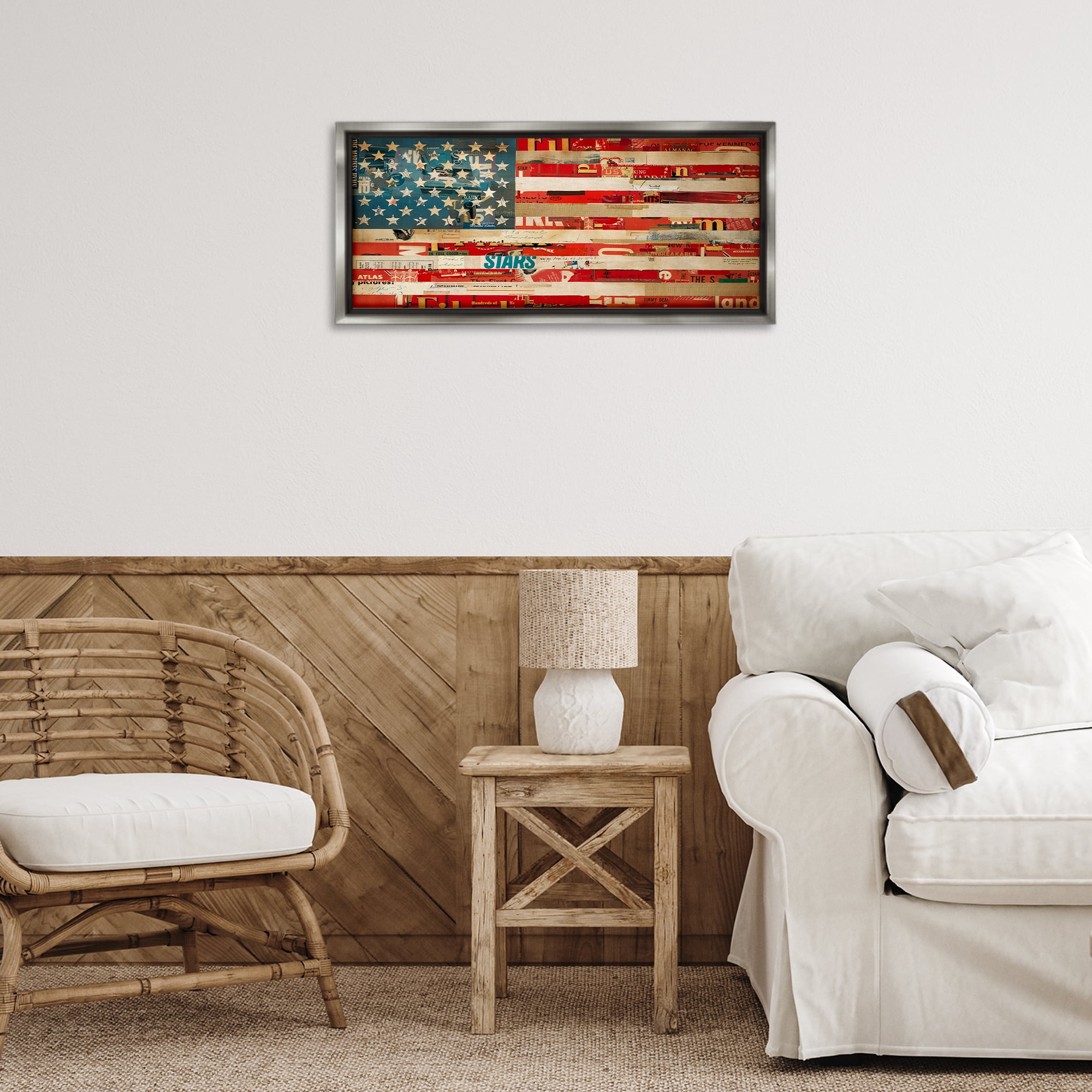 Stupell Industries Patriotic Collaged Flag Patriotic Painting Gray Floater Framed Canvas Art Print Wall Art, 25 x 11