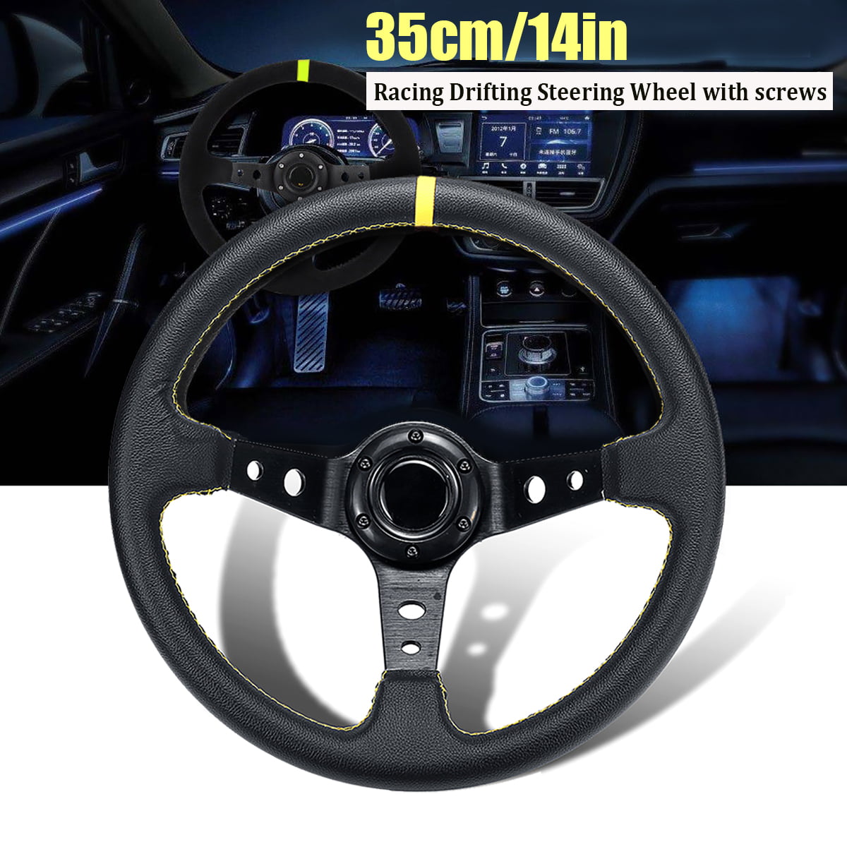 350mm 14 inch Aluminum Frame Deep Dish 6 Bolt Steering Wheel for JDM Sport Racing Steering Suede Wheel Suede Horn Button US Black