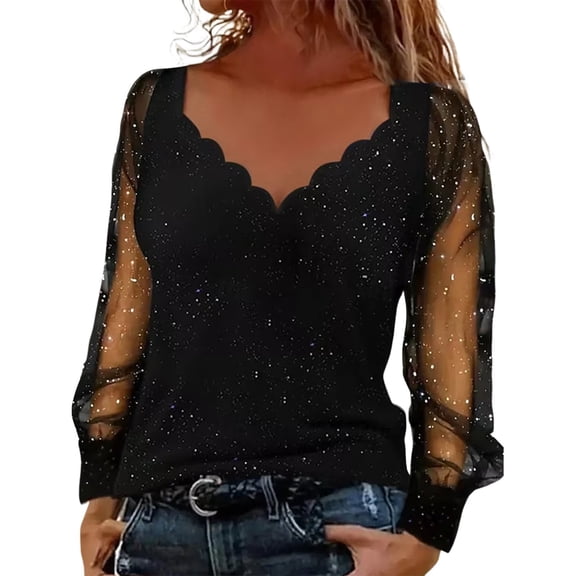 WTXUE Sequin Tops for Women Shell Trim V Neck Mesh Long Sleeve Blouses Glitter Party Mardi Gras Shirts Sparkly Slim Fitted Shirt Elastic Flowy Tops Elegant Dressy Casual Blouses Black L