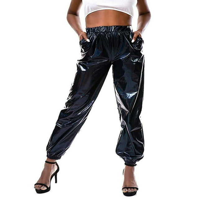 Pantalon Hip-Hop Extensible Métallisé Brillant Taille Haute pour Femmes, Pantalon Jogger Réfléchissant