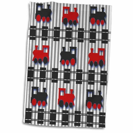 Railroaded Stripe - 3dRose Cute Red and Black Train Engines with Railroad on Striped Pattern - Towel, 15 by 22-inch