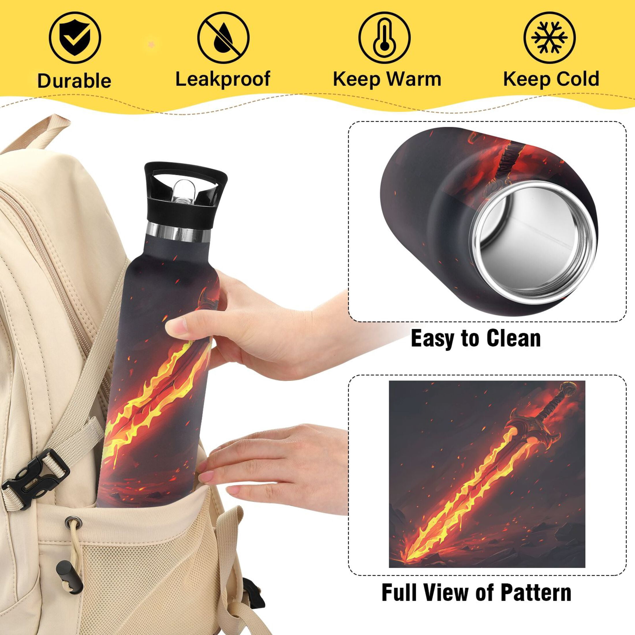 Kids Insulated Stainless Steel Sports Water Bottle 600ml (20oz) Flaming Sword