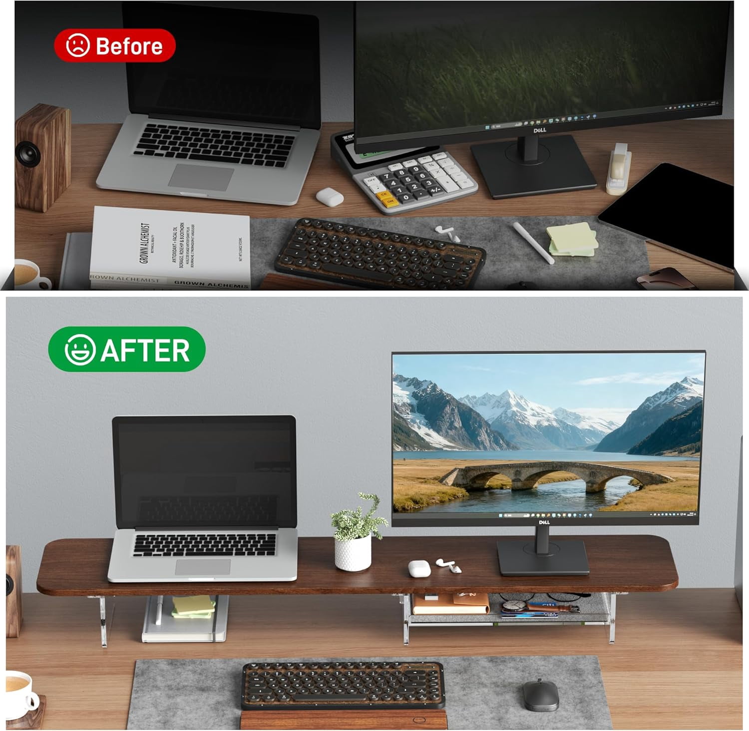 Large Dual Monitor Stand for Desk, 43 Inch Computer Riser with Felt Drawer and Acrylic Legs, Ergonomic Desktop Organizer for Laptop Printer TV