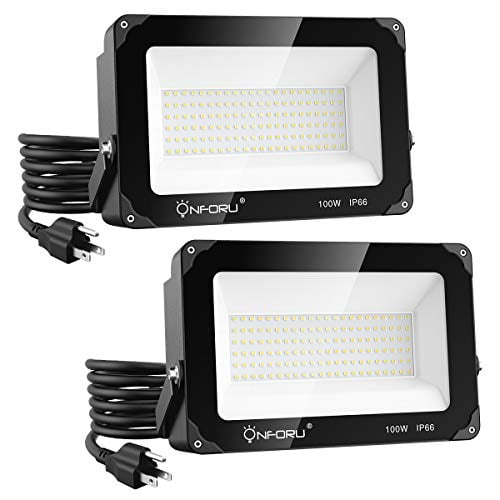2 Pack 100 W Led Floodlight Outdoor Security Lights Waterproof IP65 10000LM 6500K Daylight White Wall Light for Yard Garage Warehouse Basketball Court Garden Playground Energy Class A+ 