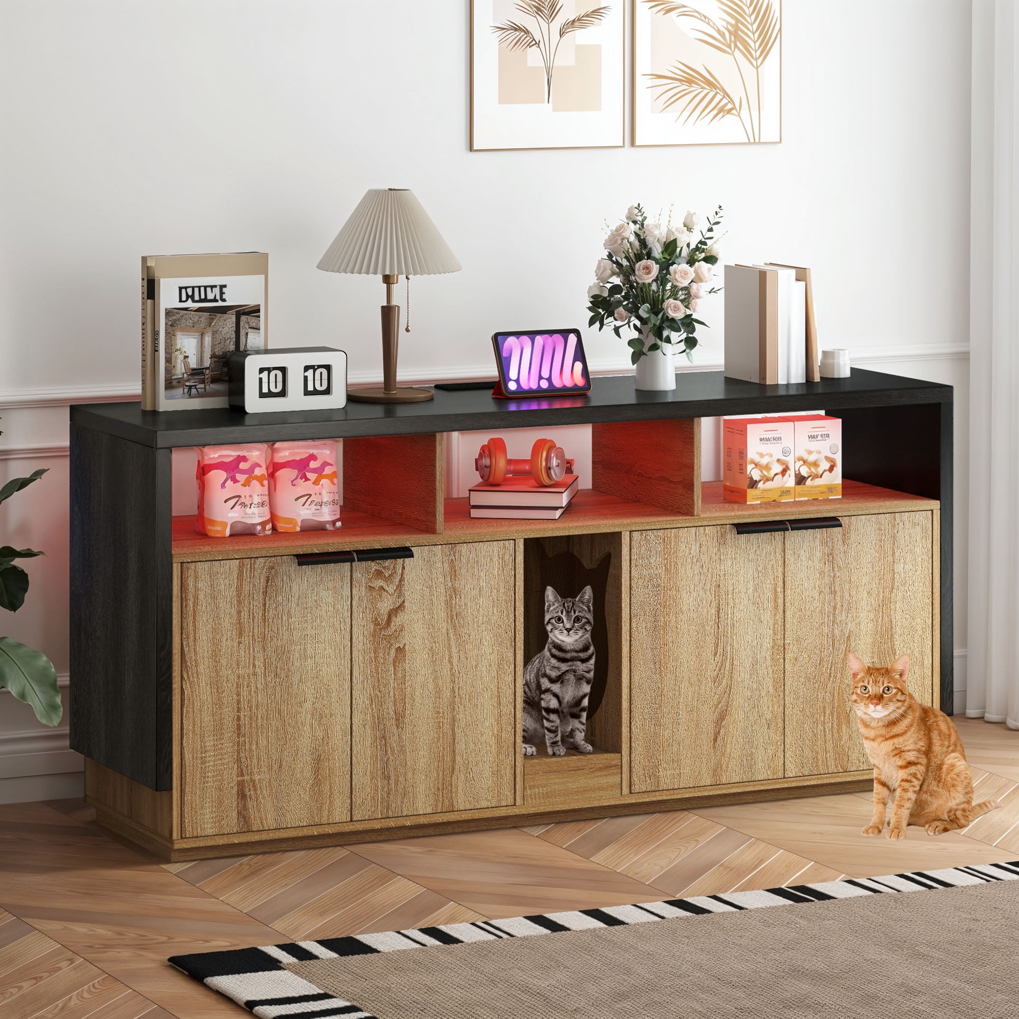 Uforic Litter Box Furniture with LED Light, Power Outlet for 2 Cats, Wooden Long Cat Litter Box Enclosure with Double Room