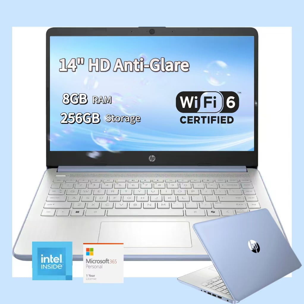 HP Laptop 14" HD Display, Intel N150 4-Core Processor, 8GB RAM, 256GB Storage (128GB UFS + 128GB SD Card), Windows 11 S, Office 365 Included, Sky Blue