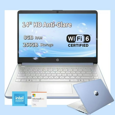 HP Laptop 14" HD Display, Intel N150 4-Core Processor, 8GB RAM, 256GB Storage (128GB UFS + 128GB SD Card), Windows 11 S, Office 365 Included, Sky Blue