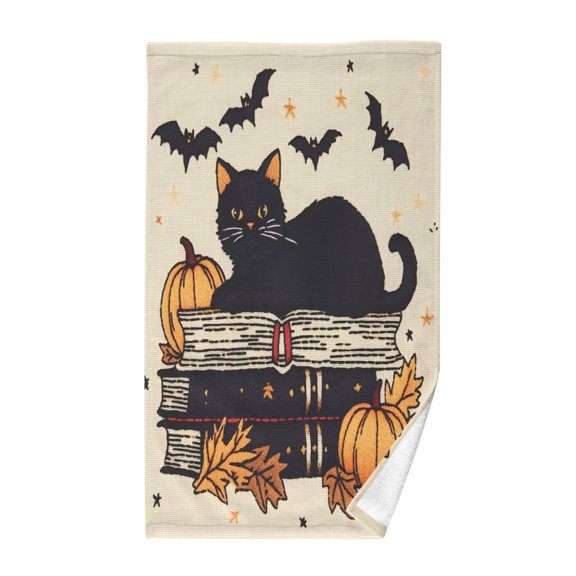 Yayeee 100% Cotton Hand Towels for Bathroom 16" x 28" Soft Absorbent Kitchen Towel, Halloween Cat