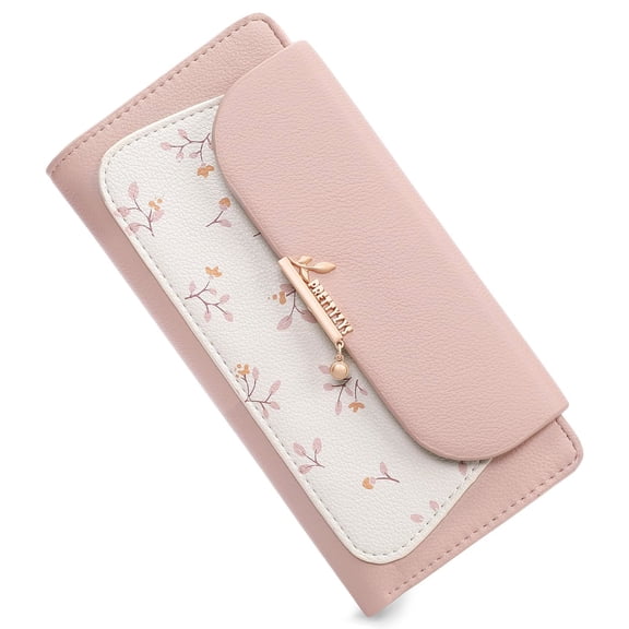LOUEBICA Womens Wallet Vegan Leather Long Ladies Wallets RFID Blocking Bifold Card Holder with Floral Pattern Zipper Pocket
