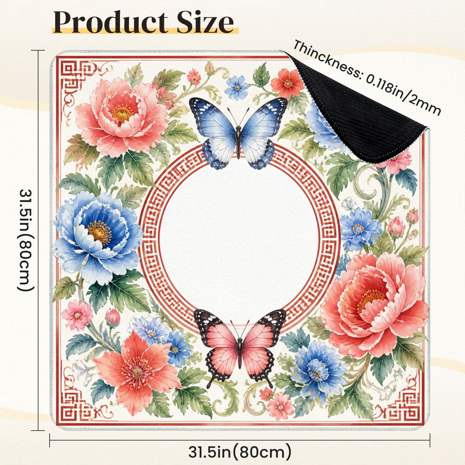Mahjong Mat 31.5" x 31.5" Colorful Floral Butterfly Peonies Non-Slip Noise Reduction Mahjong Tiles Table Cover for Dominoes Poker Card Board and Tile Games
