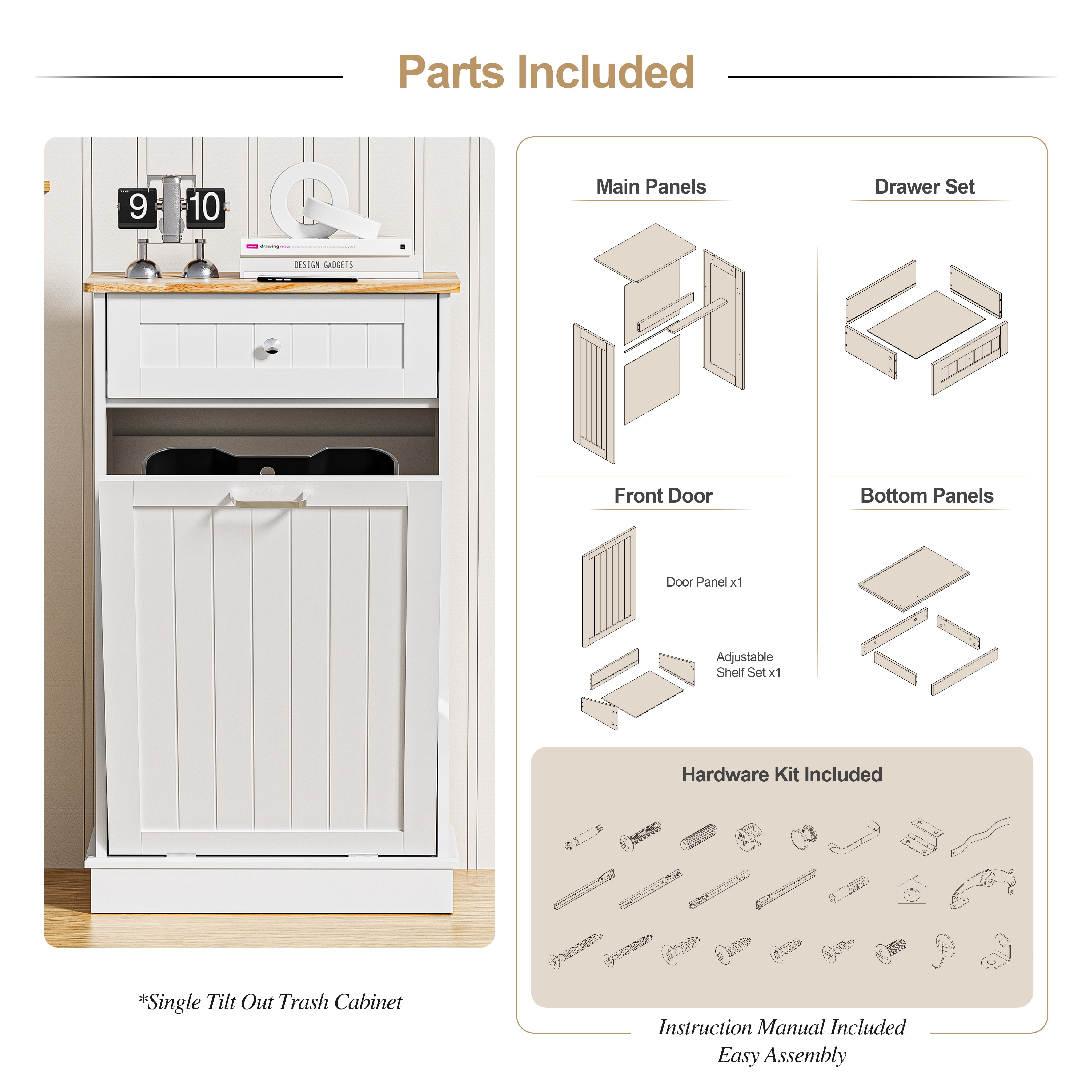 AHB 13 Gallon Single Tilt Out Trash Cabinet with Drawer, Freestanding Kitchen Trash Can Storage Organizer, 20.9"L x 13.55"W x 38.5"H, White