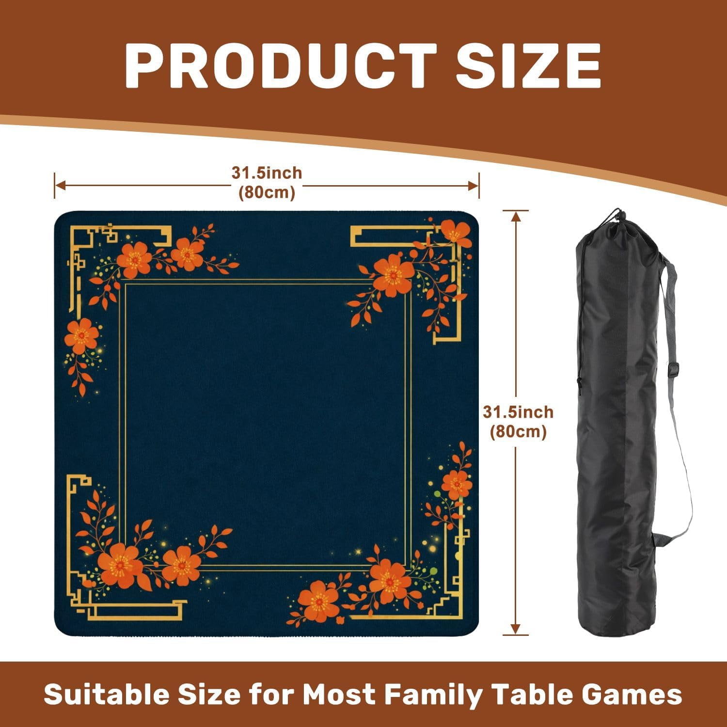 Mahjong Mat with Carrying Bag 31.5" x 31.5" Non-Slip Noise Reduction Floral Frame Orange Blossoms Gold Geometric Border Dark Blue Table Mat for Mahjong Poker Dominoes Card Board Tile Games