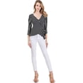thumbnail image 2 of Fashion Latitude 3/4 Sleeve Surplice Long Sleeve Side Tie Striped Wrap Top Blouse (Black &White, X-Large), 2 of 3