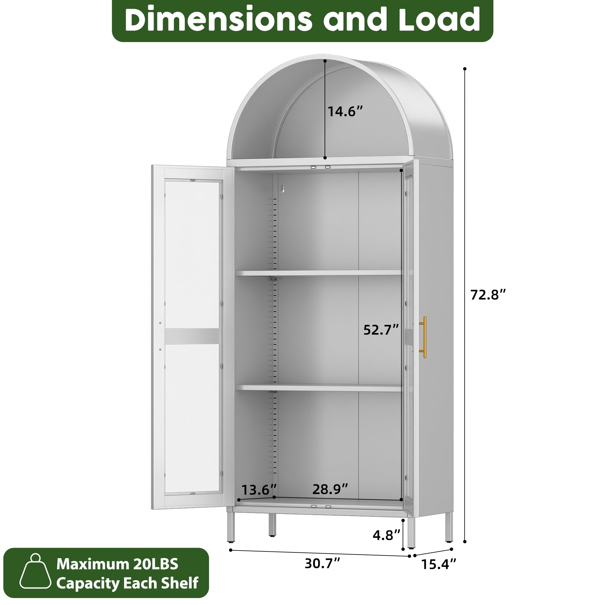 GangMei 73" Tall Metal Arched Cabinet, Kitchen Pantry Cabinet with Glass Door, Modern Farmhouse Display Cabinet with 2 Adjustable Shelves for Dining Room and Living Room, White, Assembly Required