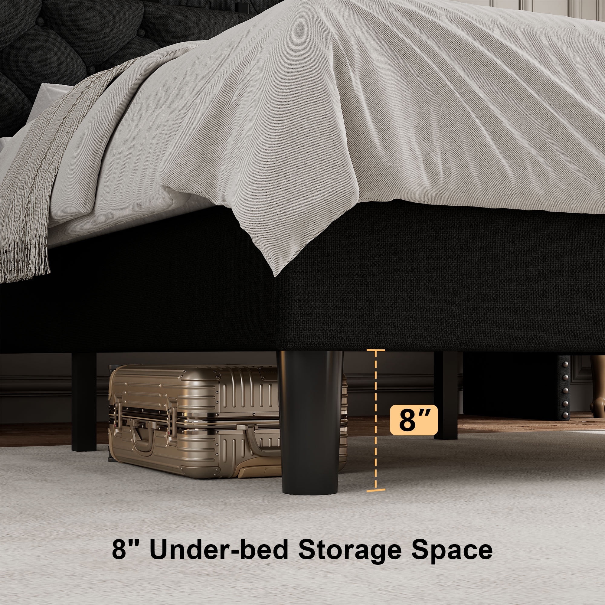 Virans Full Bed Frame with 16" Deluxe Wingback & Charging Station, Upholstered Platform Bed with Button Tufted Storage Headboard,Black