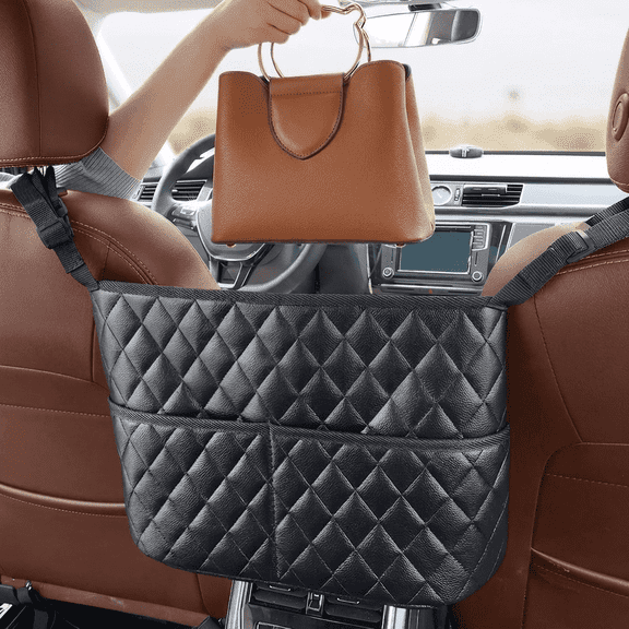 Tao Car Purse Holder Between Seats, Net Pocket Handbag Organizer Dog Car Barrier, Leather Black 3 Pockets