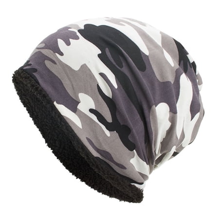 ievspot 1 Pcs Men Winter Hat Camouflage Print Fleece Baggy Elastic Tactical Men Beanie for Hunting Riding Fishing